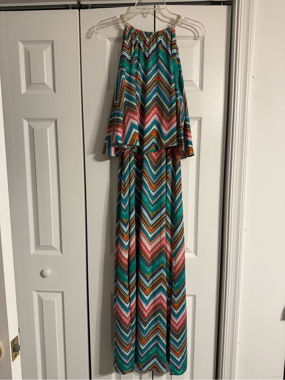 Versona Multicolor Chevron & Geo Halter Maxi with Gold Chain
